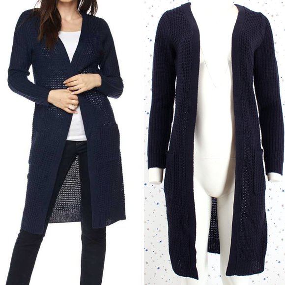 Navy Waffle Knit Duster Long Sweater Cardigan - Picture 1 of 7